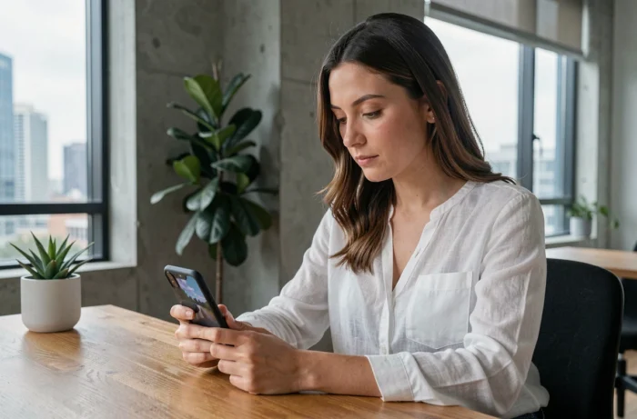 Femme utilisant un smartphone pliable dernière génération dans un bureau moderne et minimaliste
