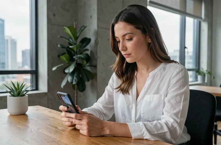 Femme utilisant un smartphone pliable dernière génération dans un bureau moderne et minimaliste
