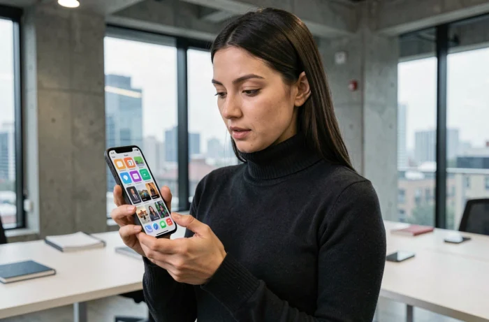 Femme utilisant un smartphone pliable dans un bureau tech moderne en 2024