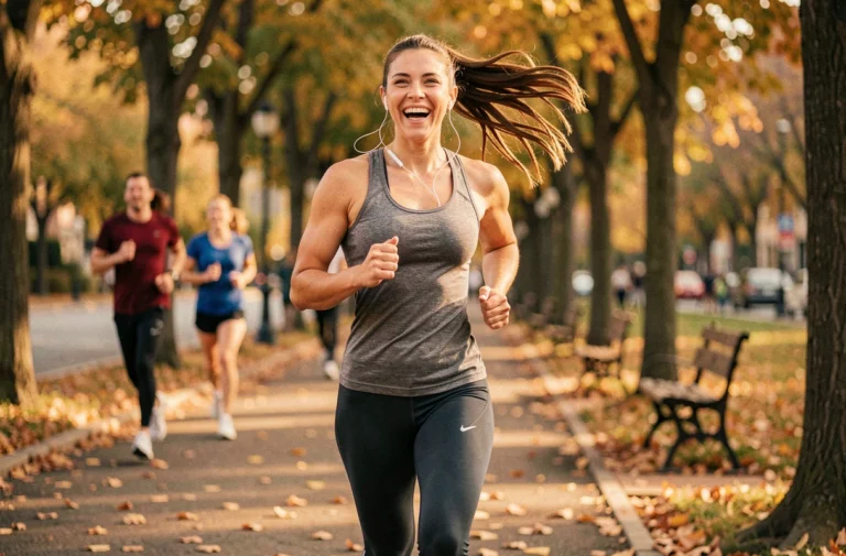Femme souriante en tenue de sport qui court en écoutant de la musique motivante avec des écouteurs sans fil sur un sentier urbain entouré d'arbres
