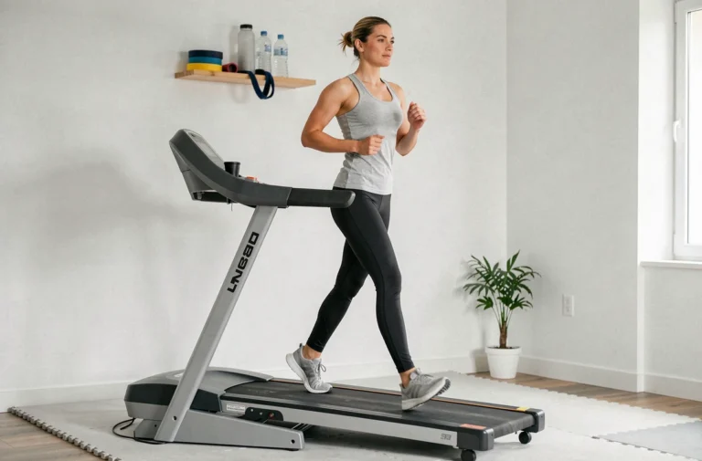 Femme qui court sur un tapis de course moderne dans un espace fitness à domicile minimaliste