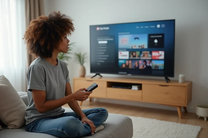 Femme utilisant une télécommande devant un téléviseur affichant une interface de streaming, symbolisant la transition de Wookafr vers Wookafr TV dans un salon moderne