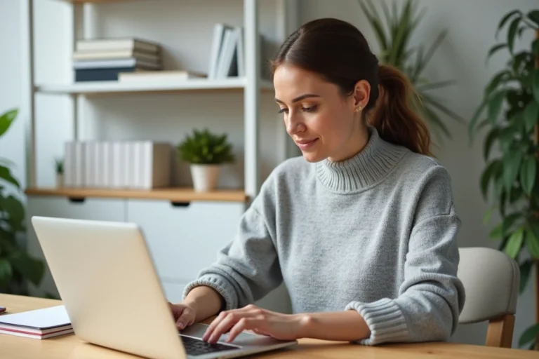 Femme utilisant son CPF sur un ordinateur portable dans un bureau à domicile moderne et organisé