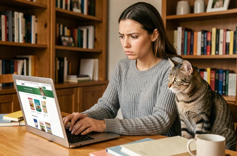 Femme vérifiant les avis en ligne sur Aplouf.com pour chats avec son chat tabby à côté d'un ordinateur portable
