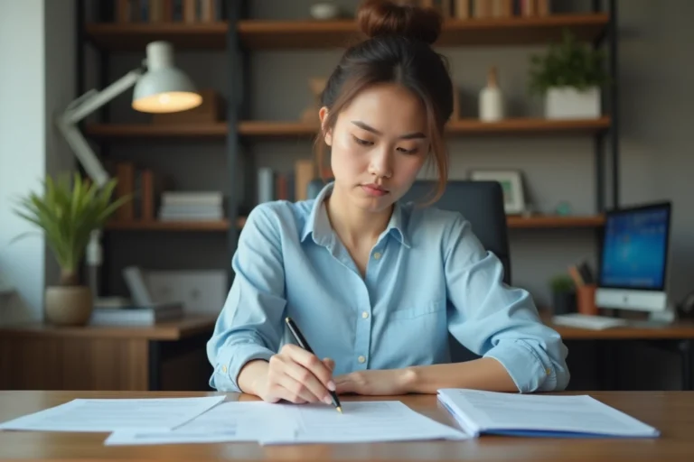 Femme vérifiant attentivement des documents administratifs pour une demande d'acte de naissance à son bureau à domicile