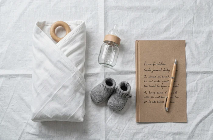 Flat lay d'articles essentiels pour une liste de naissance parfaite disposés sur un tissu lin blanc