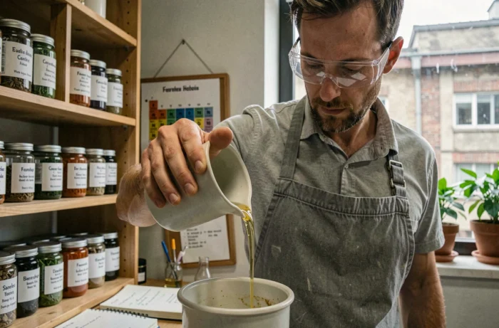 Formulateur développant une recette de sérum végétal dans le laboratoire de recherche et développement de la marque de cosmétiques bio Avril
