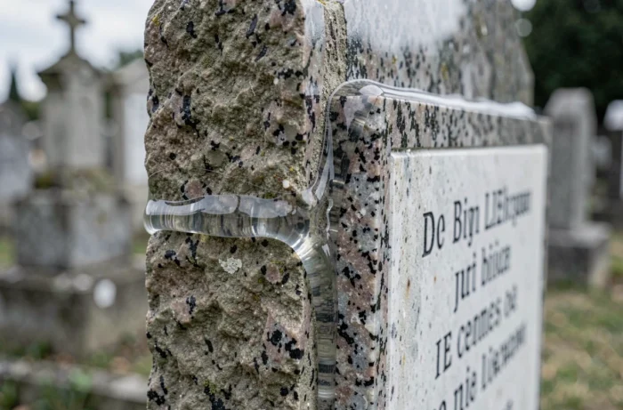 Gros plan sur l'application de colle époxy transparente entre une pierre tombale et une plaque commémorative gravée