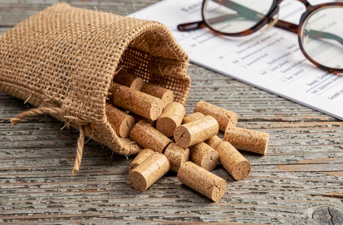 Gros plan sur des pellets de bois compressés en vrac sur une table en chêne brut avec sac en toile de jute ouvert
