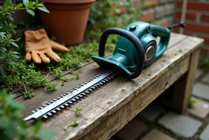 Gros plan d'un taille-haie télescopique posé sur un établi de jardin avec des gants de jardinage en cuir et des branchages coupés