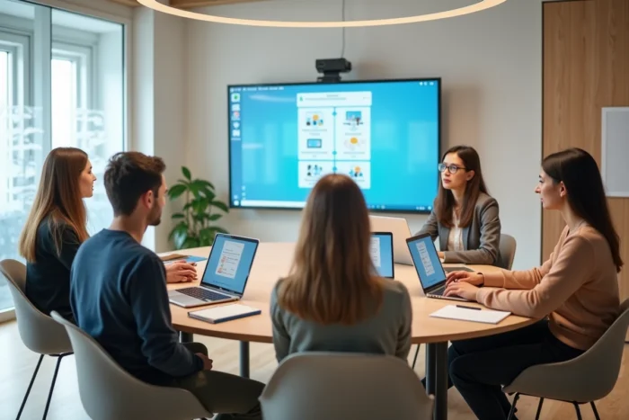 Groupe de professionnels en formation dans une salle moderne, illustrant la montée en compétences via le CPF