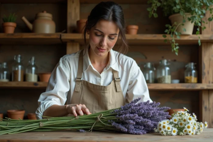 Herboriste examinant des plantes médicinales fraîches comme la lavande et la camomille dans un atelier rustique aux poutres apparentes