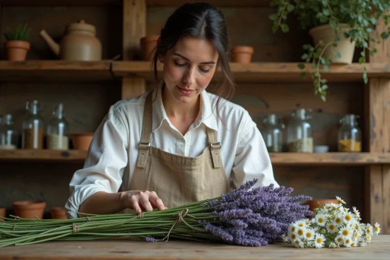 Herboriste examinant des plantes médicinales fraîches comme la lavande et la camomille dans un atelier rustique aux poutres apparentes