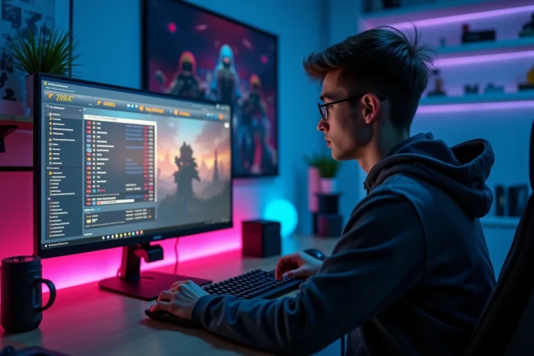 Jeune homme consultant l'historique d'achat Valorant sur un grand écran ultrawide dans un bureau gaming moderne