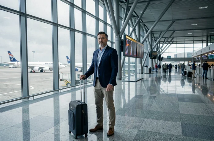 Homme en blazer marine dans un terminal d'aéroport international avec une valise à roulettes