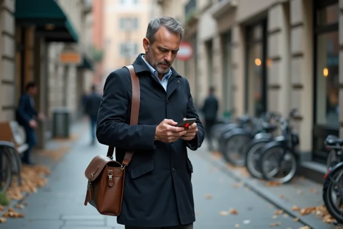 Homme consultant une application de localisation d'objets perdus sur son smartphone en ville
