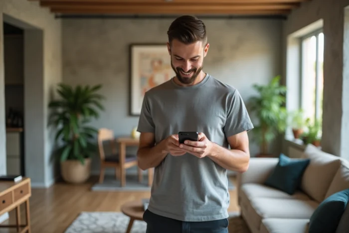 Homme utilisant une application mobile de location immobilière dans un appartement moderne au design épuré