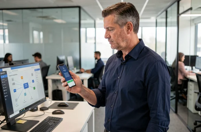 Homme en entreprise utilisant l'authentification à deux facteurs sur son smartphone pour sécuriser ses données