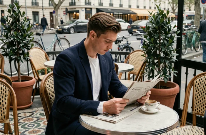 Jeune homme parisien lisant un journal en terrasse de café avec espresso, ambiance bistrot classique à Paris
