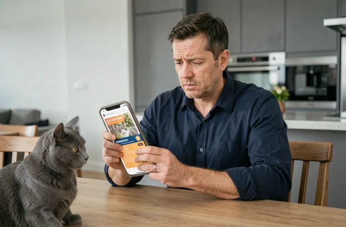 Homme comparant les avis consommateurs sur un smartphone avant d'acheter des produits pour son chat sur Aplouf.com