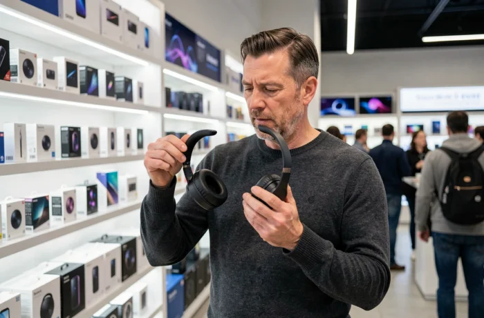 Homme comparant des casques audio sans fil haut de gamme dans un magasin d'électronique