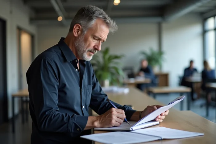 Homme consultant un catalogue de formation CPF dans un espace de coworking contemporain