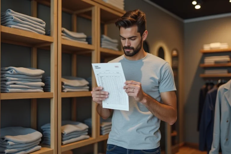 Homme consultant une étiquette de taille M dans un magasin de vêtements avec un guide des tailles imprimé