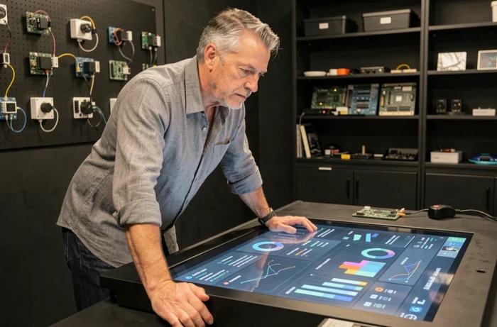 Homme analysant des données sur un écran tactile interactif dans un laboratoire d'innovation