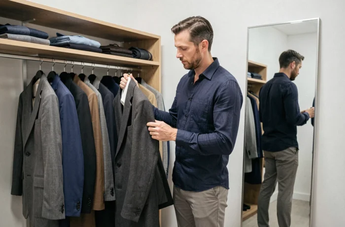 Homme élégant inspectant une veste de luxe sur un portant dans un dressing moderne pour la revente sur Vinted