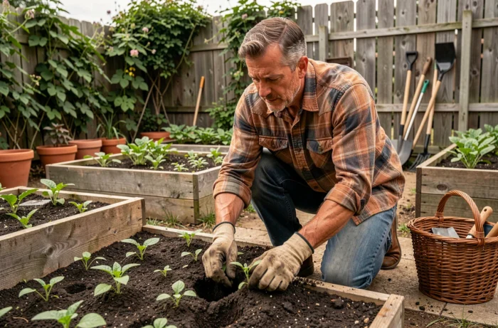 Homme jardinant dans un potager extérieur, activité de loisir au quotidien en plein air