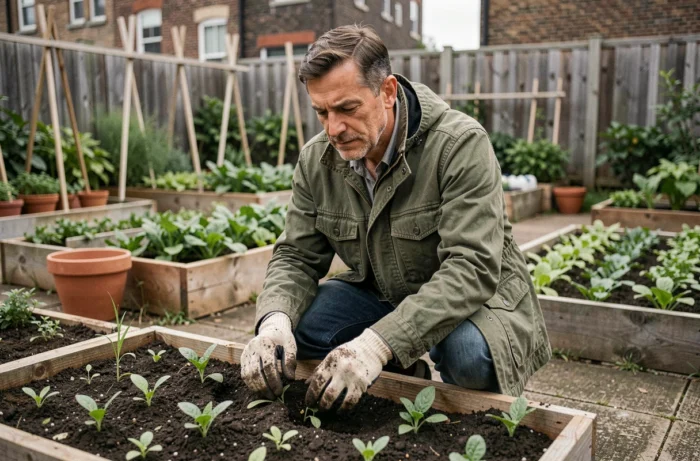 Homme jardinant dans un potager urbain partagé, jardinage comme loisir ressourçant et tendance en 2024