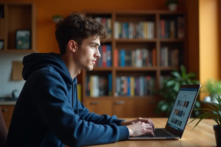 Jeune homme naviguant sur une nouvelle plateforme de streaming depuis son bureau à domicile, illustrant le changement d'adresse de Wookafr vers Wookafr TV