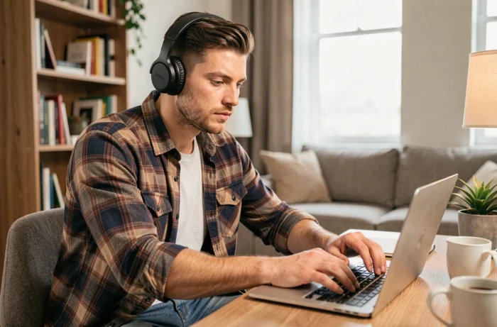 Homme décontracté choisissant une musique entraînante sur son ordinateur portable dans un bureau à domicile chaleureux et moderne