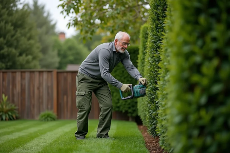 Homme utilisant un taille-haie télescopique pour tailler une haie de buis dans un jardin résidentiel soigné