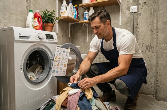 Homme triant son linge devant un lave-linge ouvert en consultant un guide des symboles de lavage dans un appartement urbain