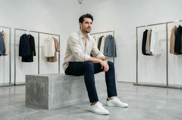 Homme en tenue décontractée chic assis dans un concept store minimaliste moderne, inspirations mode masculine tendances contemporaines