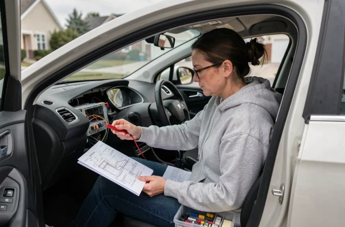 Femme consultant un schéma de câblage pour installer un autoradio dans une Peugeot 308 avec un testeur électrique