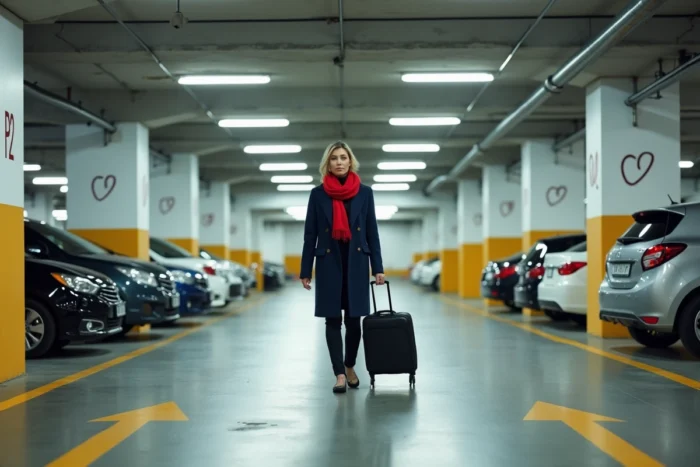 Intérieur du parking souterrain P2 du Stade de France avec allées fléchées et zones numérotées