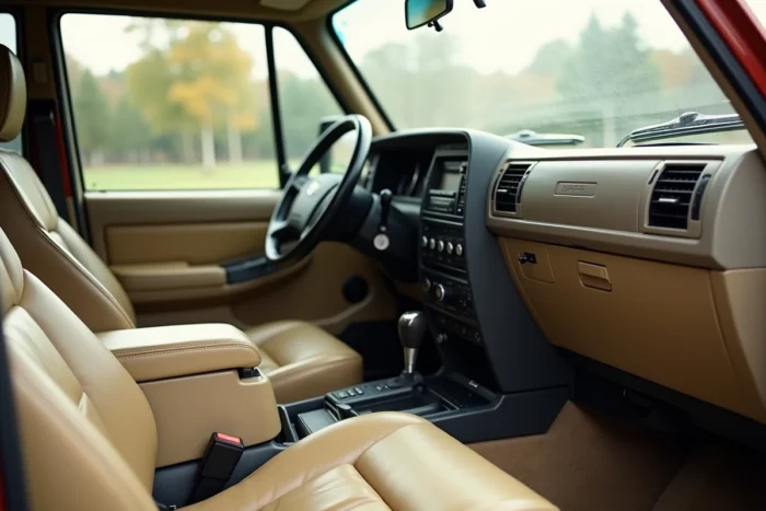 Intérieur du Toyota Land Cruiser 100 avec tableau de bord en cuir beige et plastique gris, mettant en valeur le confort et l'équipement de ce 4x4 iconique
