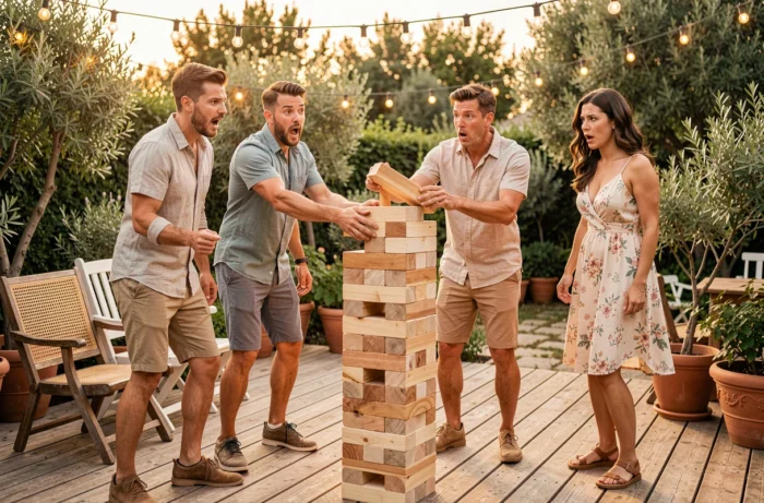 Groupe d'amis jouant au Jenga géant sur une terrasse lors d'une soirée conviviale en plein air