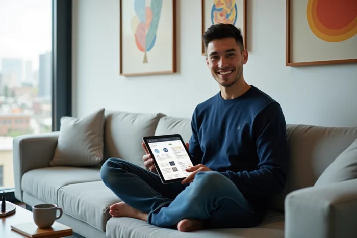 Jeune professionnel consultant un calendrier de contenu digital sur tablette dans un espace de coworking tendance