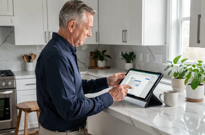 Homme attachant un fichier volumineux à un email sur une tablette dans une cuisine moderne