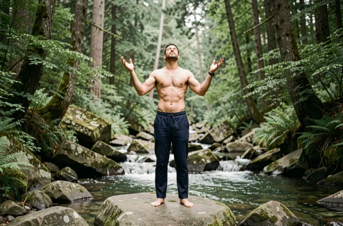 Homme pratiquant une technique de libération énergétique en pleine nature au bord d'un ruisseau forestier pour purifier le corps et l'esprit