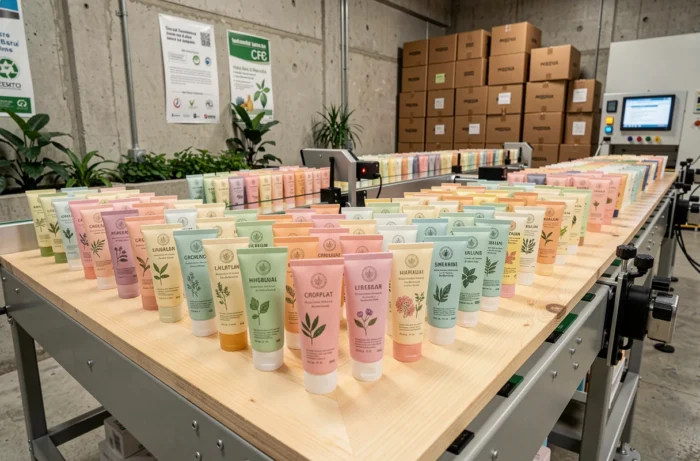 Ligne de production de cosmétiques naturels et biologiques de la marque Avril dans une usine engagée dans une fabrication responsable et éco-certifiée
