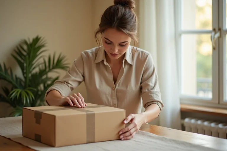 Femme ouvrant un colis de la boutique Lucie Roussel livré à domicile dans un appartement parisien