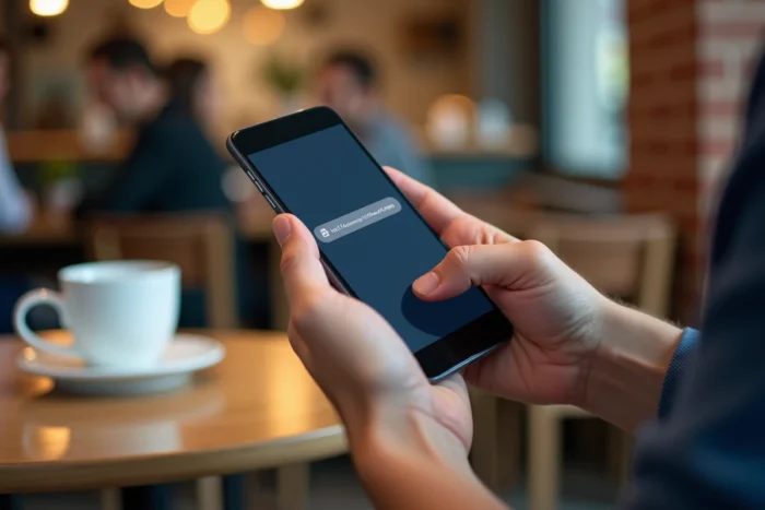 Mains tenant un smartphone affichant une nouvelle adresse de plateforme de streaming dans un café, illustrant le changement d'URL de Wookafr vers Wookafr TV
