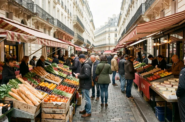 Marché de rue animé dans le quartier du Marais à Paris avec étals de fruits légumes et fromages, immeubles haussmanniens en arrière-plan