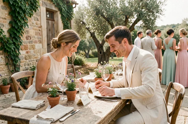 Couple de mariés partageant un moment complice autour d'une table dressée pour un mariage intime en petit comité sur une terrasse en pierre en Provence