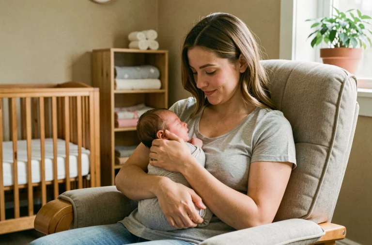 Jeune mère tenant son bébé de 3 semaines dans une chambre de bébé apaisante, conseils rythme nouveau-né
