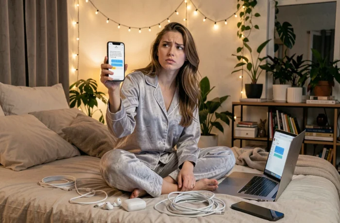 Jeune femme connectée enregistrant un faux message vocal en mode texte sur son smartphone dans une chambre moderne
